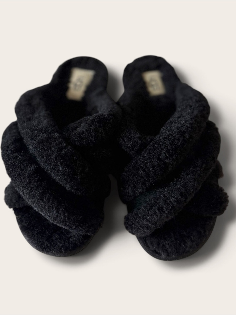UGG Black Fuzzy Cross Strap Slippers Women’s